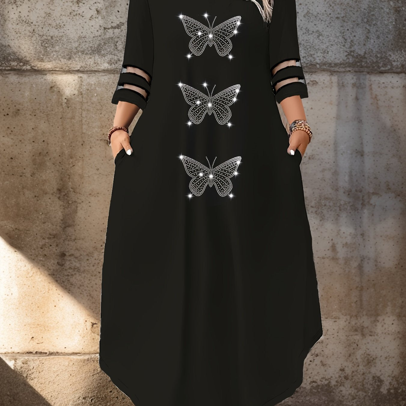 Vestido de talla grande para mujer con mariposas y pedrería, con mangas de malla en contraste y bolsillos