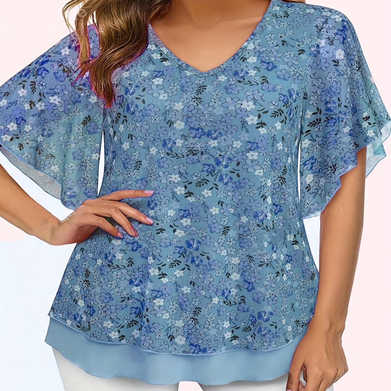 Women’s Floral Mesh V-Neck Blouse with Flutter Sleeves Lightweight Polyester