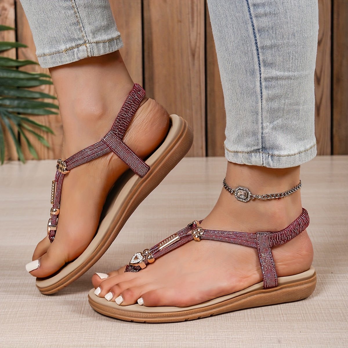 Women's Flat Toe Thong Sandals with Heart Design Elastic Strap Beach Shoes