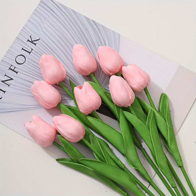 Artificial White Tulip Flowers with Green Leaves for Weddings Home Decor Set of 10