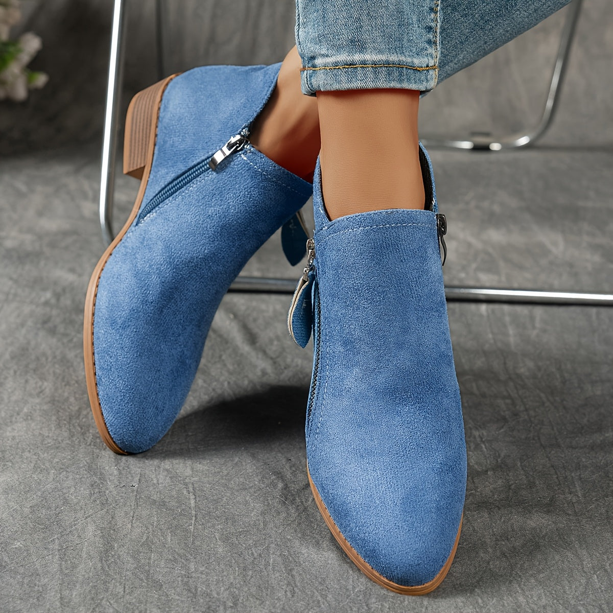 Women's Velvet Chunky Heel Ankle Boots with Slip-On Zipper and Non-Slip Sole