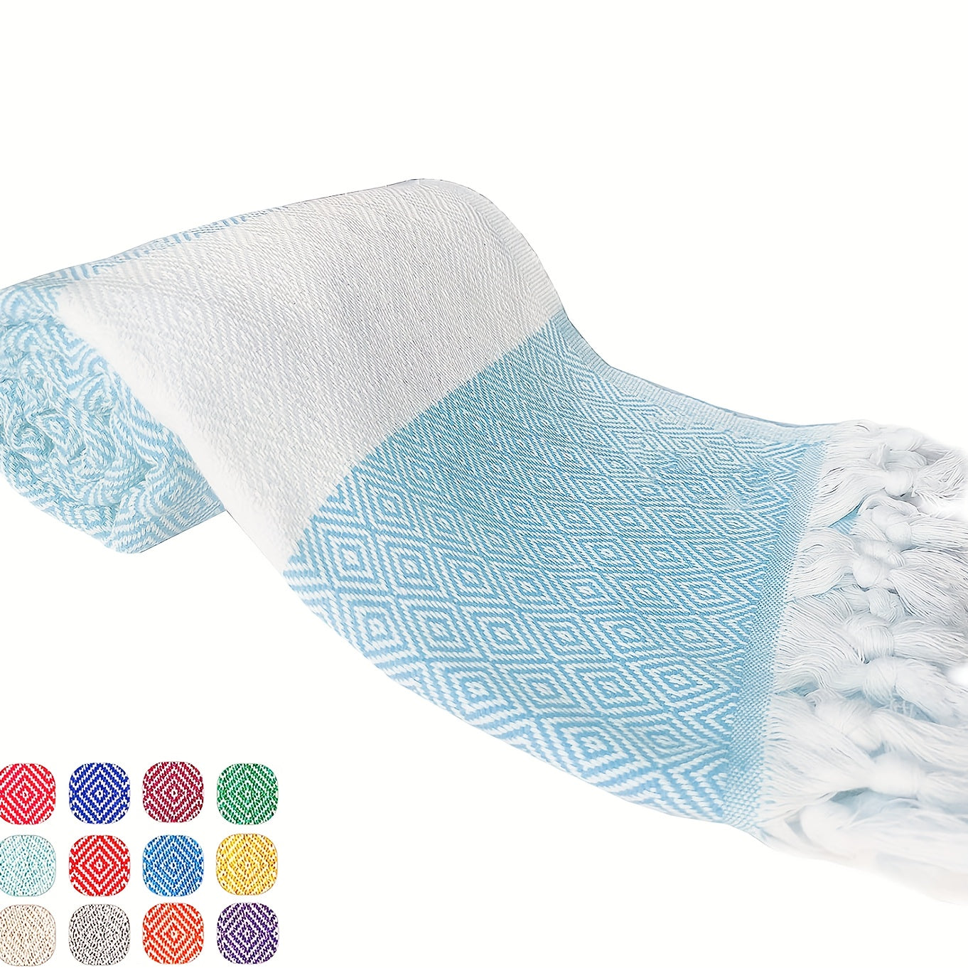 1 dona turk plyaj sochiq, jakardli romb dizayni bilan, tez quriydigan va qumga yopishmaydigan, o'lchami 71" x 39" (100 sm x 180 sm) plyaj va hammomda foydalanish uchun.