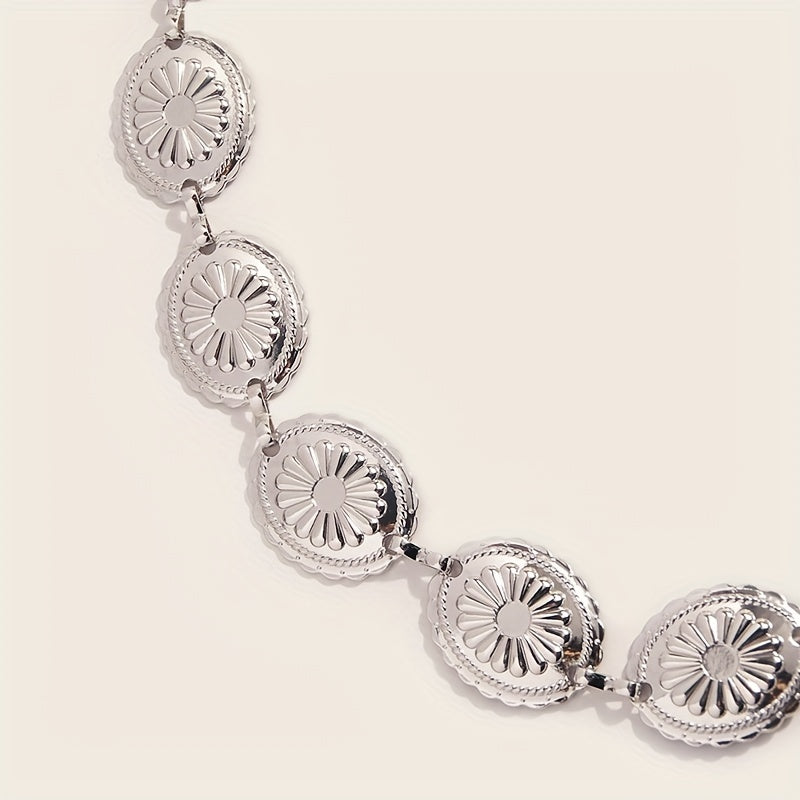 Ayollar uchun vintage oval oymali dizaynga ega kumush metall qorin zanjiri