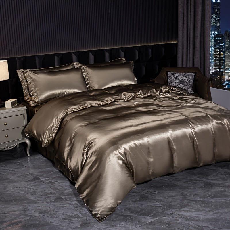 Luxurious Satin Bedding Set 4-Piece Zipper Closure Solid Color for Home Guest Hotel