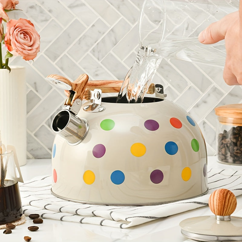 Stainless Steel 3L Whistle Kettle Beige Polka Dot Tea Coffee Maker