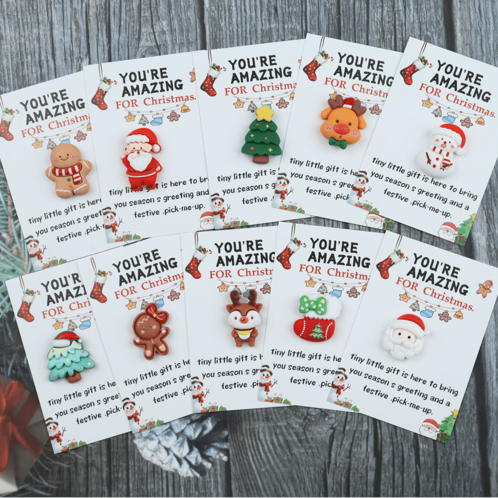 Set of 10 Christmas Greeting Cards with Resin Charms, Festive Santa, Reindeer, Snowman Designs
