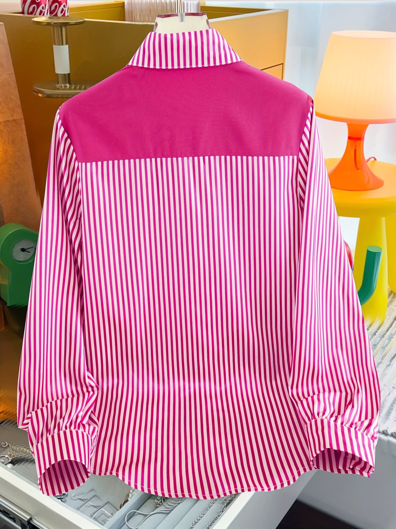 Women's Plus Size Striped Button-Up Shirt with Tie Neck Green White