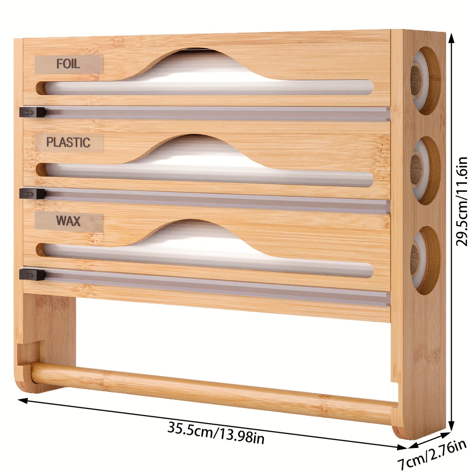 Bamboo Wall Mount Kitchen Wrap Organizer with Cutter and Labels