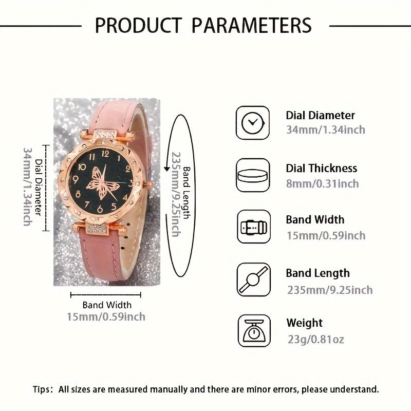 Pink Butterfly Quartz Watch Set with Jewelry Accessories for Women 6-Piece