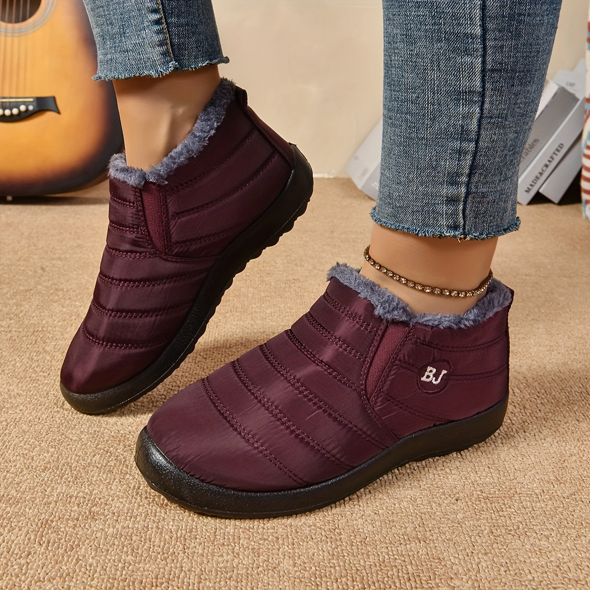 Unisex Fleece-Lined Winter Snow Boots Anti-Slip Ankle Shoes with Thick Sole