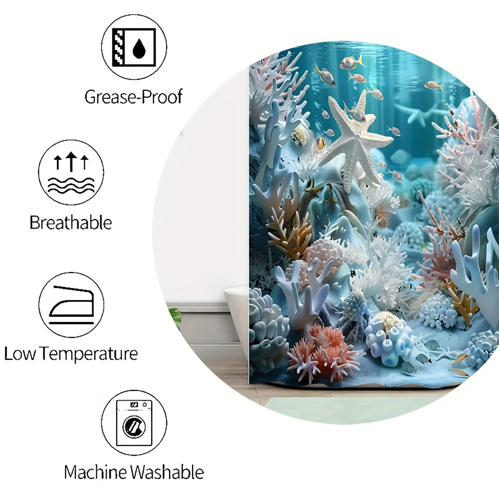 Ocean Style Shower Curtain Set with Shell and Starfish Print Waterproof Bathroom Decor with Non-Slip Mat and Hooks