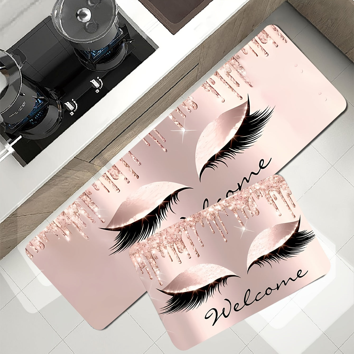 Розовые ресницы и буквы узор кухонный коврик противоскользящий впитывающий