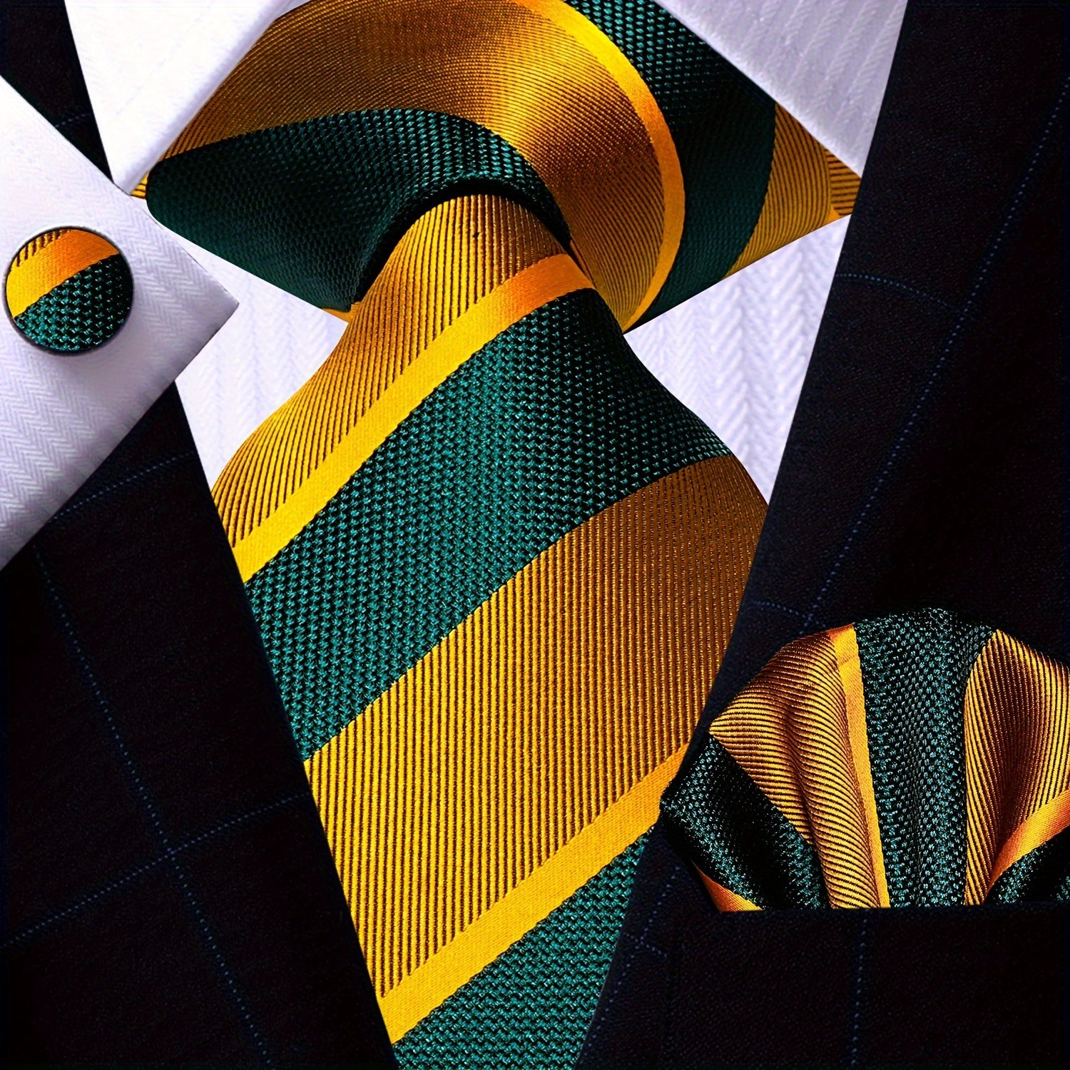 Men's Gold Accessories Set Tie Pocket Square Cufflinks for Weddings Business