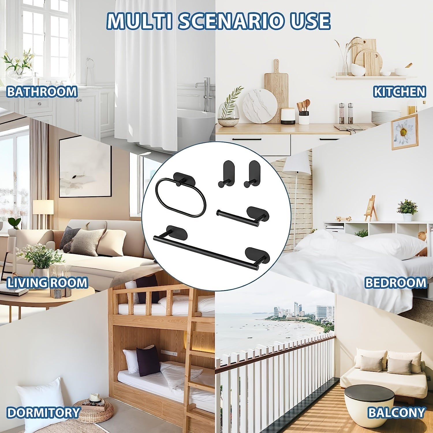 Stainless Steel Bathroom Hardware Set with Golden Accessories No Drilling