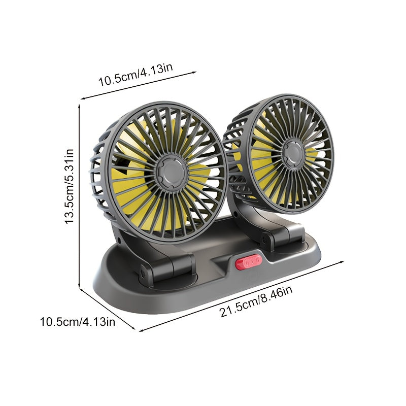 Dual Head Portable Car Fan with 5-Blade Turbo Airflow, USB Powered