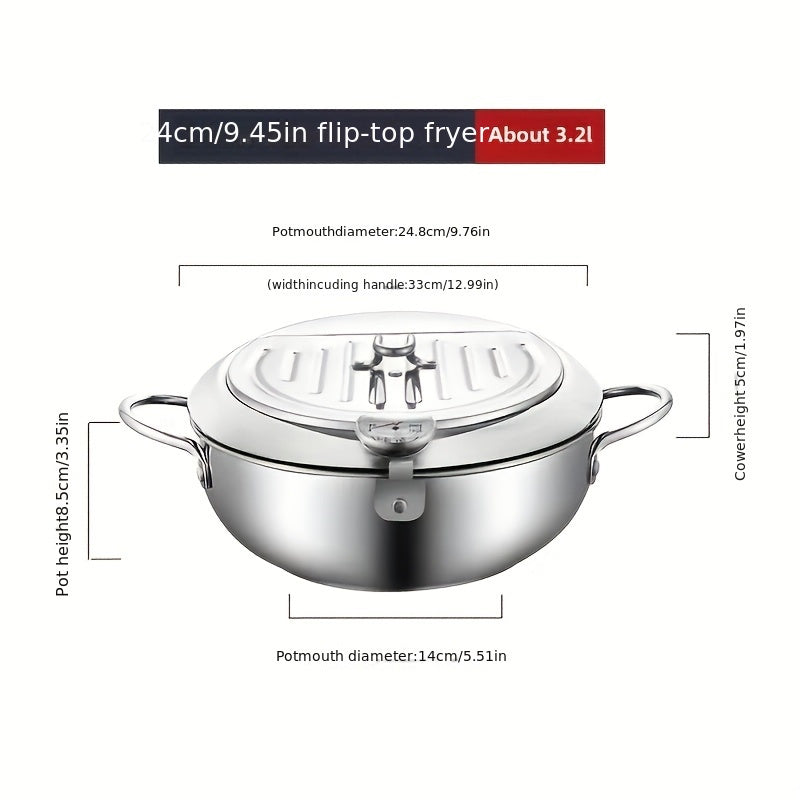 Stainless Steel Deep Fryer with Thermometer for Tempura, Chicken, Beef