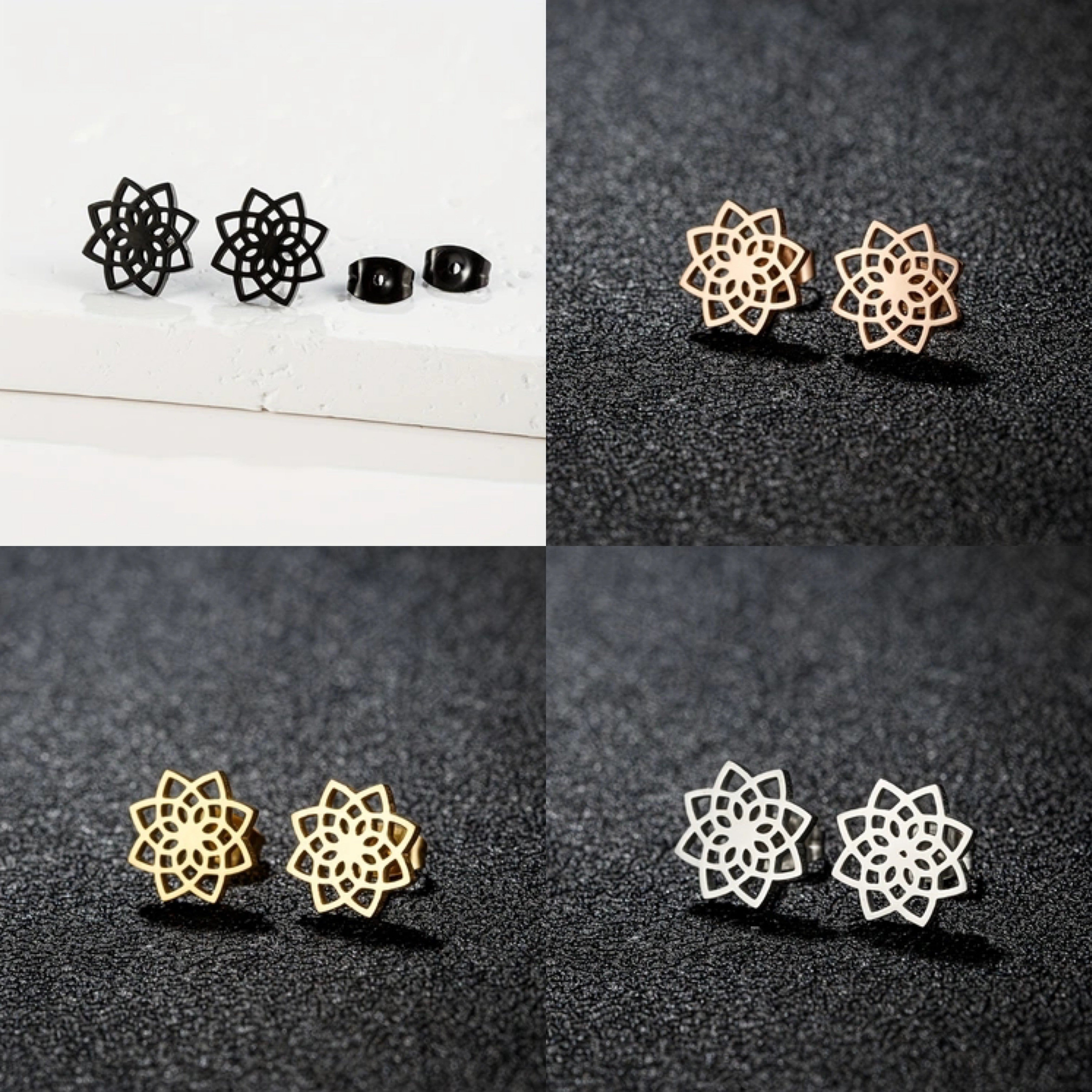 Women Stainless Steel Mandala Stud Earrings Geometric Flower Daily Yoga