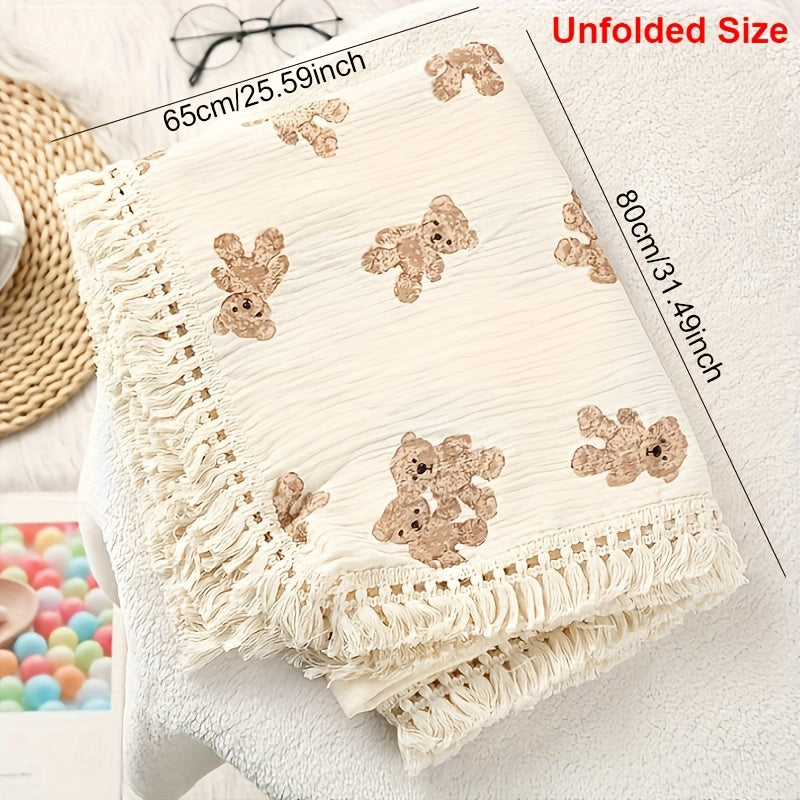 Manta de bebé tejida con estampado de oso de peluche y flecos, 80cm x 65cm