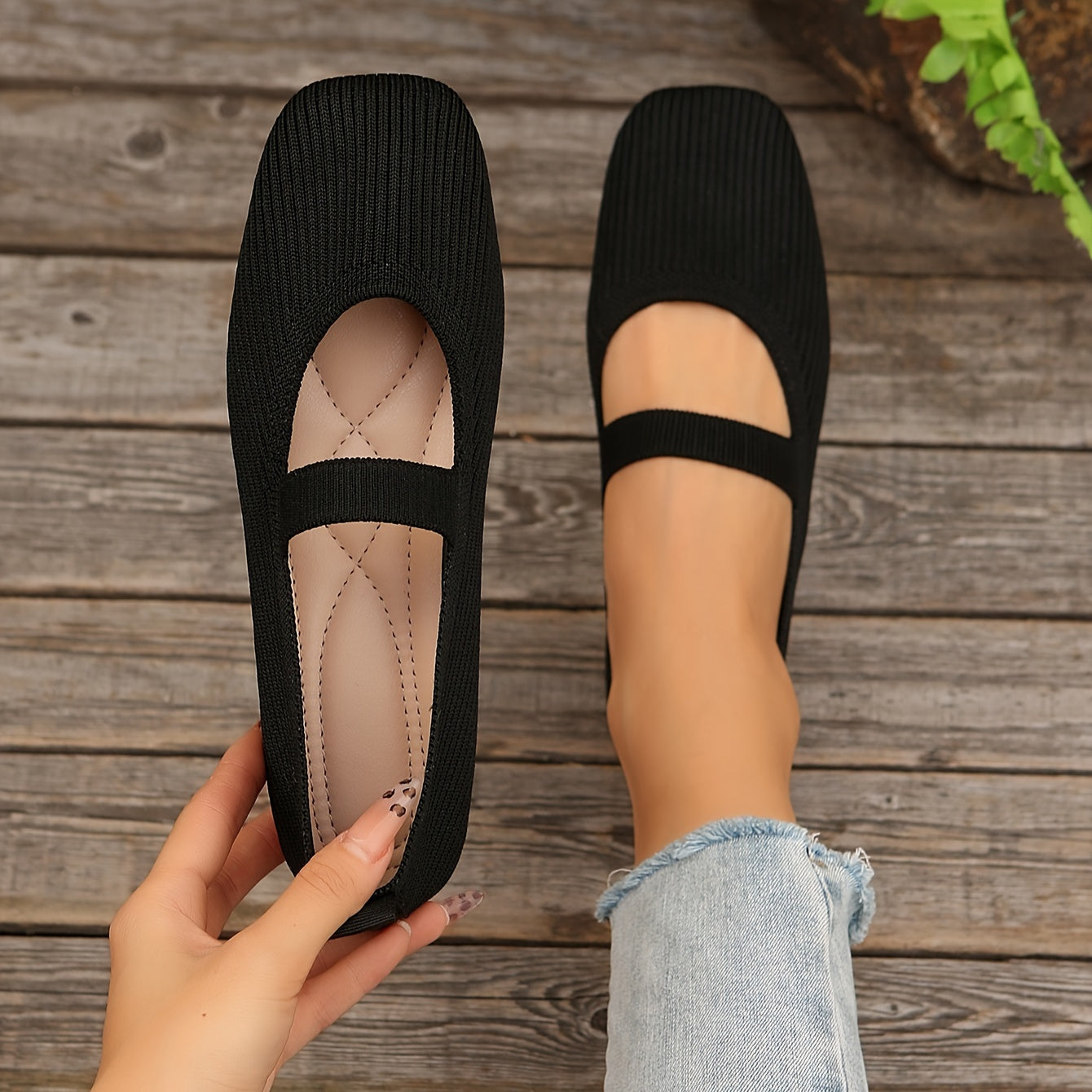 Women's Casual Knit Flats with Square Toe Fabric Upper Slip-On All-Season