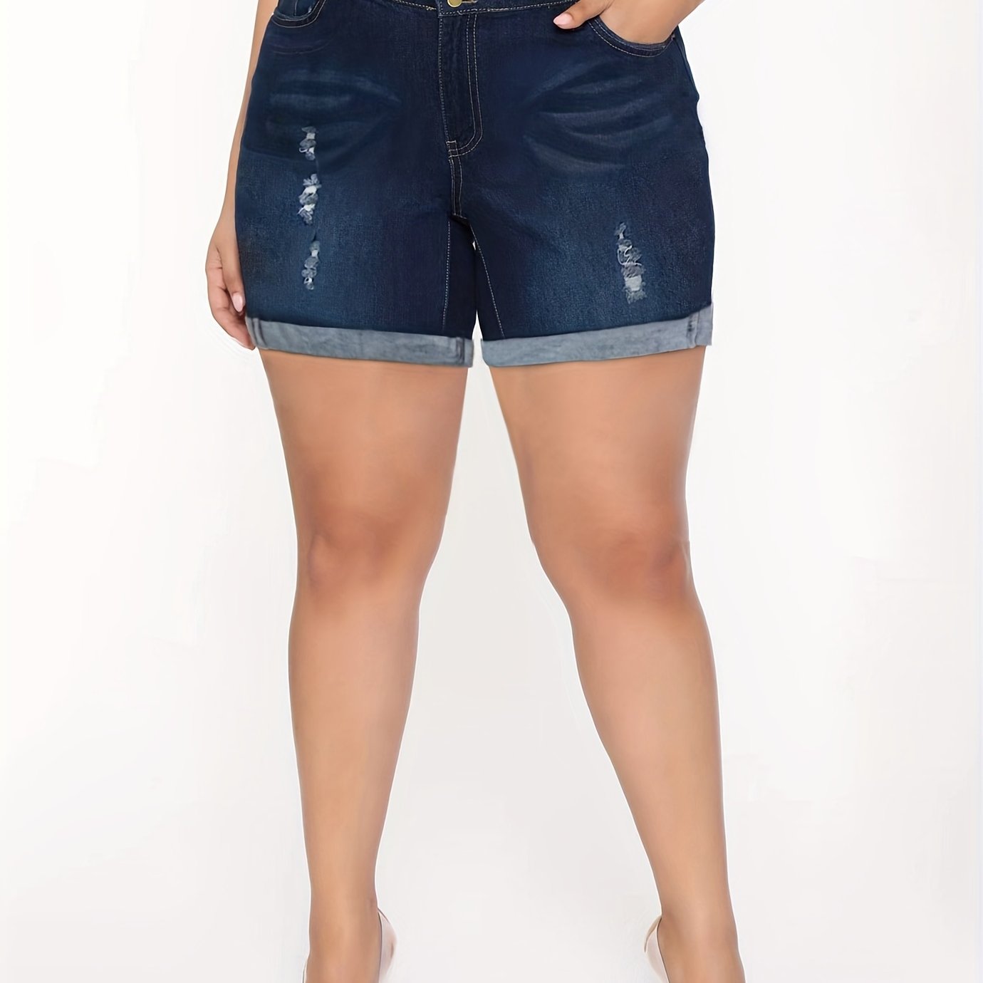 Plus Size Women's Denim Shorts Ripped Mid-Stretch CuffedSummer Casual