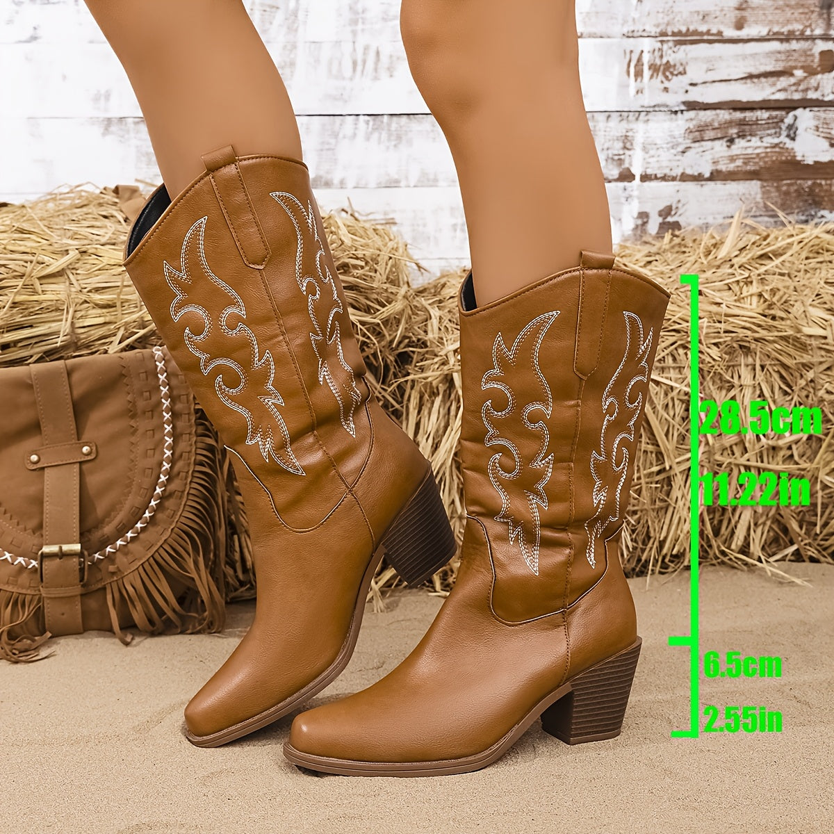 Women's Western Cowboy Boots Slip-On Embroidered Floral Faux Cover