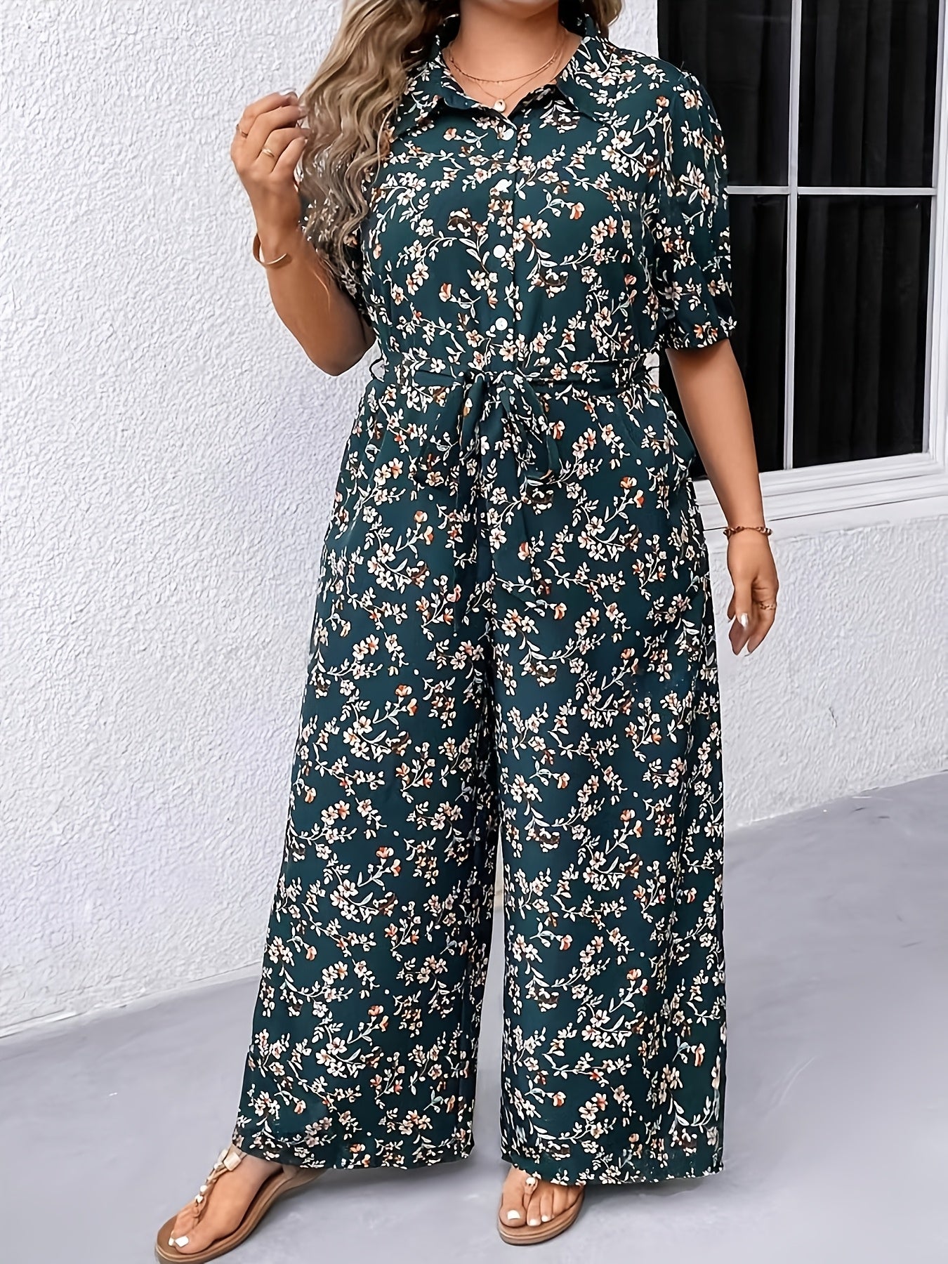 Women's Floral Print Short Sleeve Jumpsuit Polyester Belted Waist