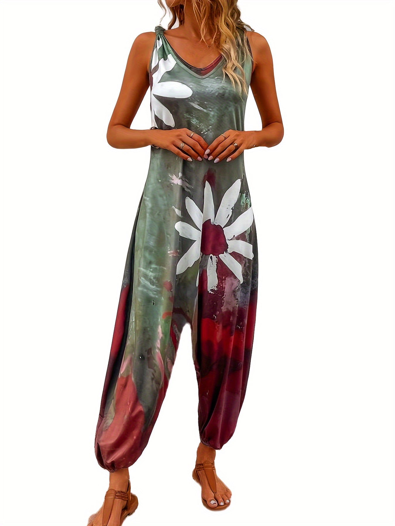 Plus Size Casual Floral Print V-Neck Jumpsuit for Women