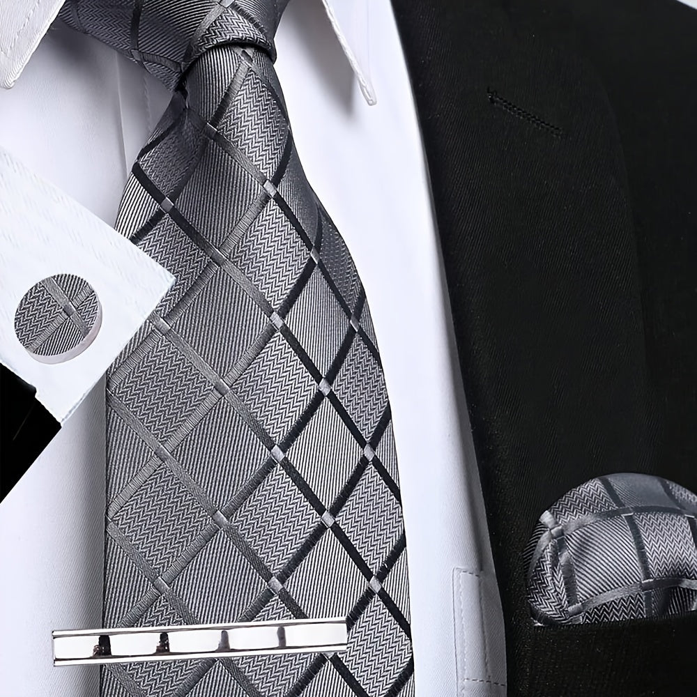 Men's Plaid Tie Set with Square Scarf Cufflinks for Weddings and Parties