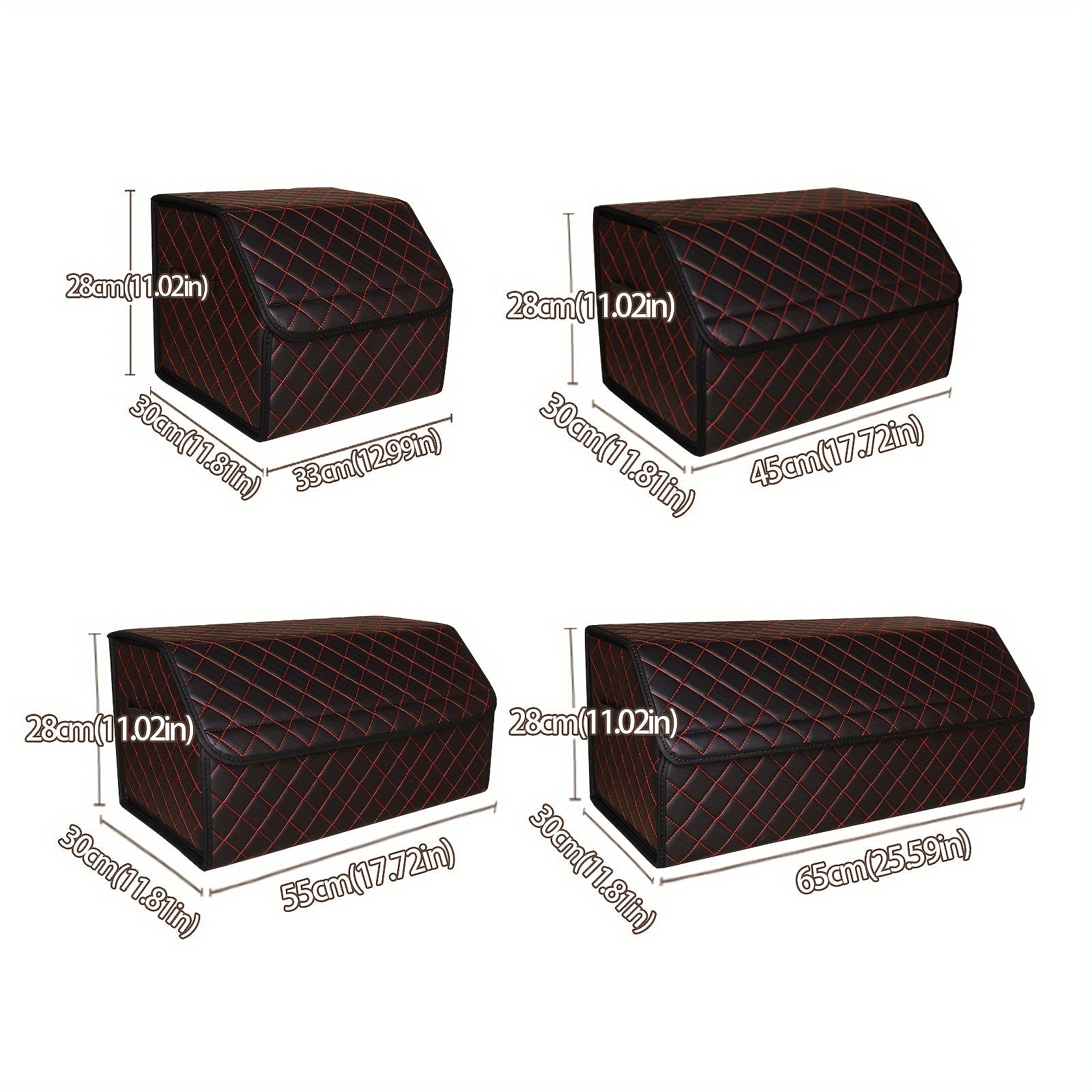 Organizador de maletero de coche plegable de cuero PU con costura de diamantes y acentos rojos para coches, camiones y SUVs