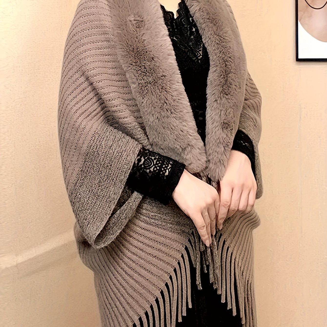 Asymmetrical Polyester Shawl with Faux Fur Collar Geometric Pattern for Women