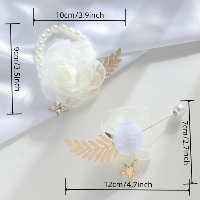 Bridal Party Wrist Corsage and Boutonniere Set with Faux Pearls and Rhinestones