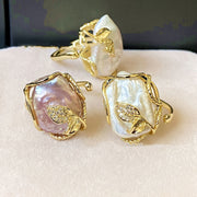 Handcrafted Freshwater Pearl Ring in 14K Gold Plating Baroque Engagement Jewelry
