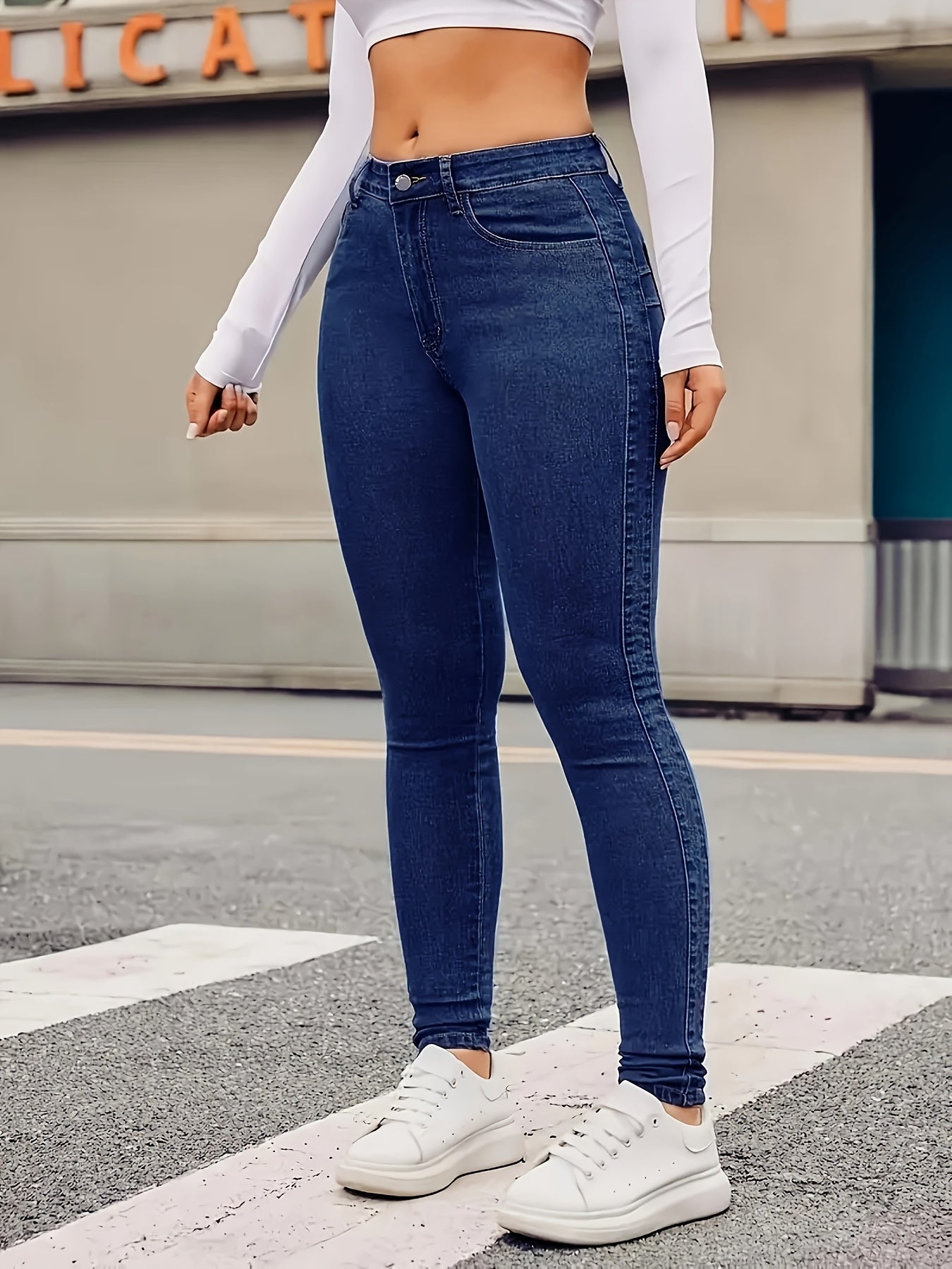 Jeans ajustados elásticos de talla grande para mujer, color sólido, pantalones casuales