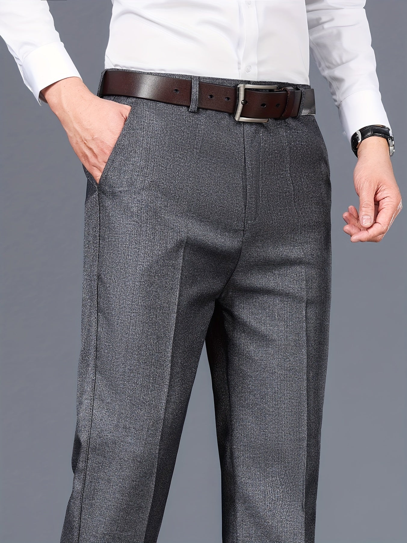Pantalones de vestir grises para hombre, corte regular, poliéster, bolsillos inclinados, negocio formal, primavera y otoño
