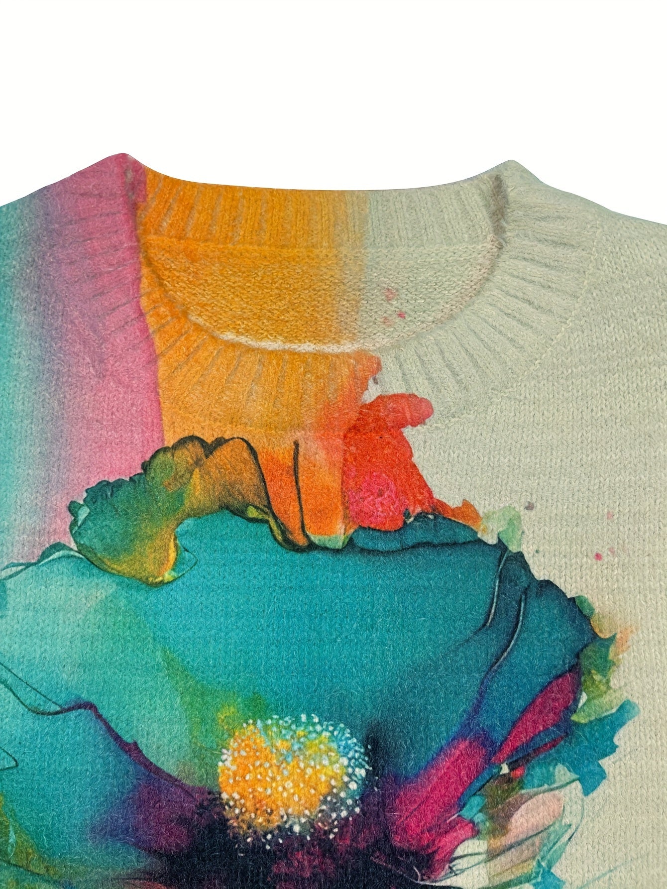 Suéter de talla grande para mujer, de corte holgado, poliéster spandex, estampado floral, cuello redondo, pulóver