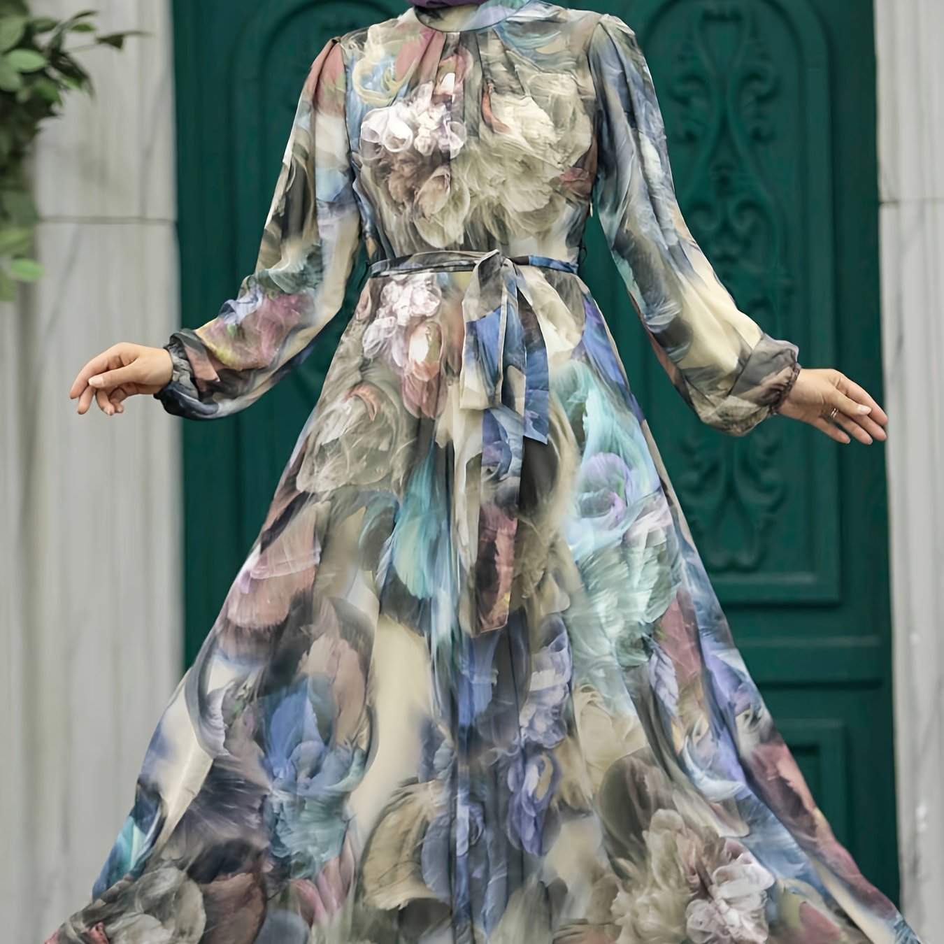 Women's Floral Print Tie-Waist A-Line Dress Long Sleeve Crew Neck for Spring Summer