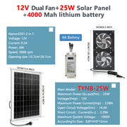 Quyosh energiyali chiqarish ventilyatori 25W, 4000mAh batareyali, ichki va tashqi sovutish uchun