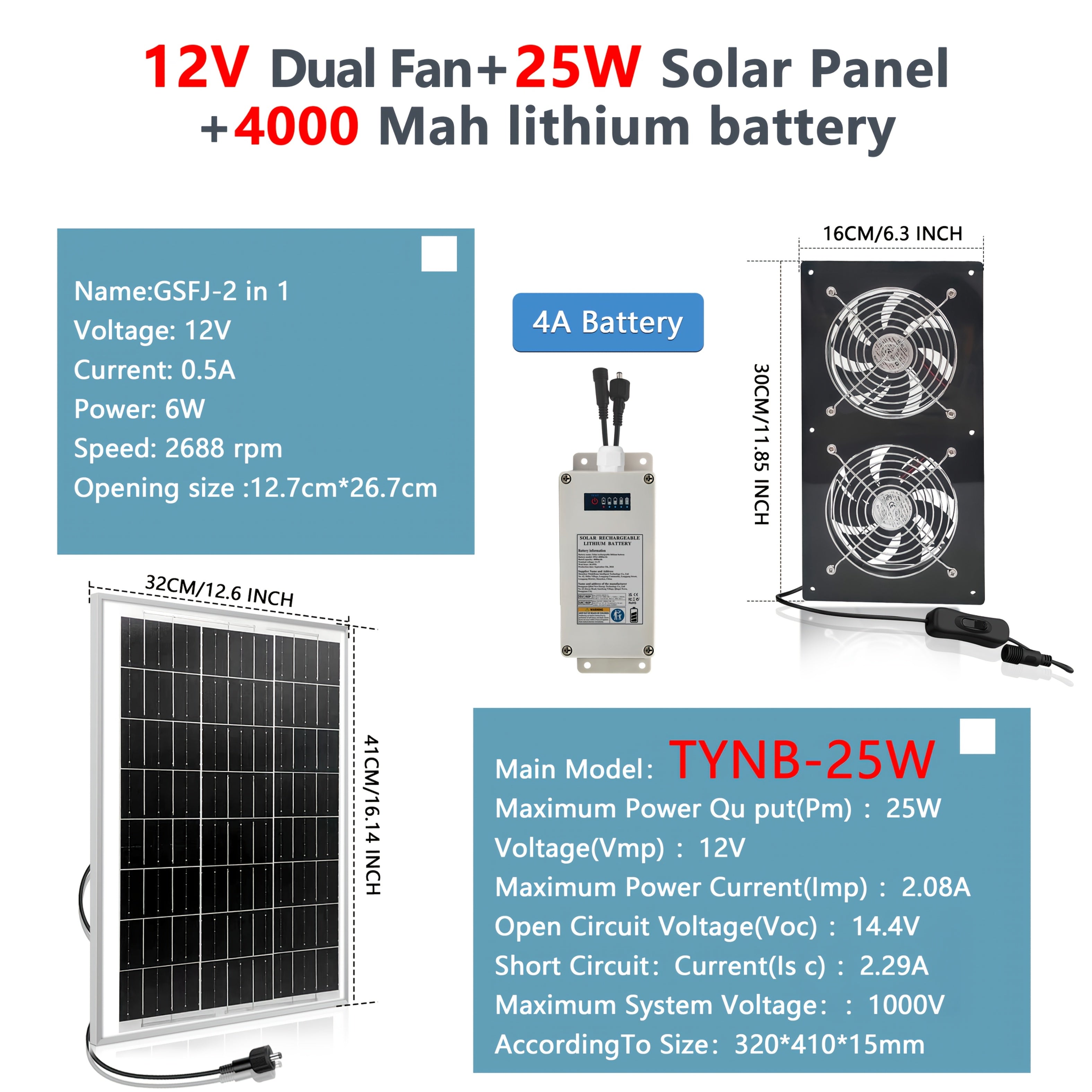 Quyosh energiyali chiqarish ventilyatori 25W, 4000mAh batareyali, ichki va tashqi sovutish uchun