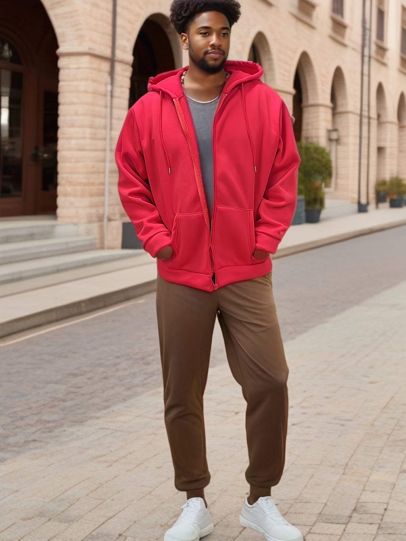 Sudadera de talla grande en marrón oscuro para hombres con bolsillos con cierre de cremallera y mezcla de poliéster