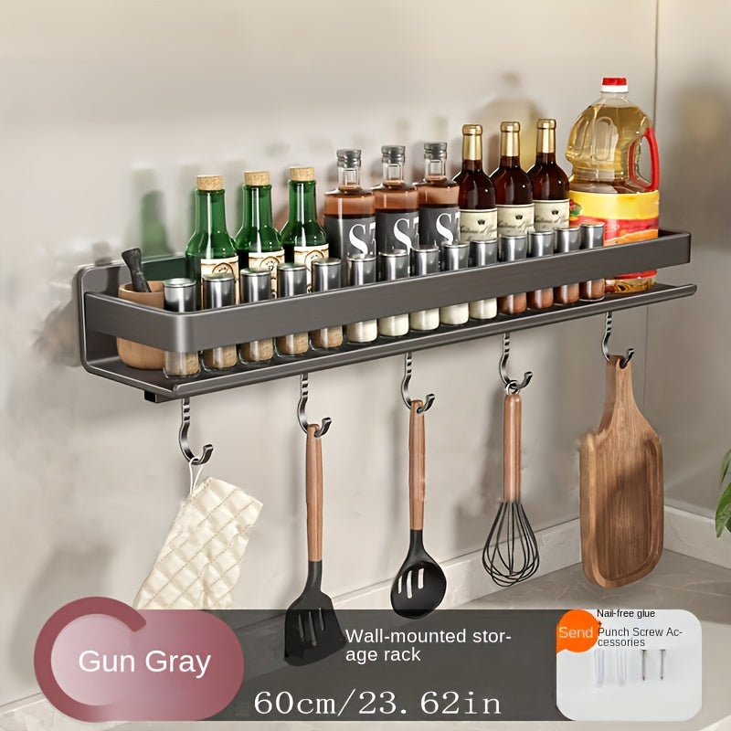 Gray Stainless Steel Wall Mount Seasoning Rack with 5 Hooks for Kitchen Storage
