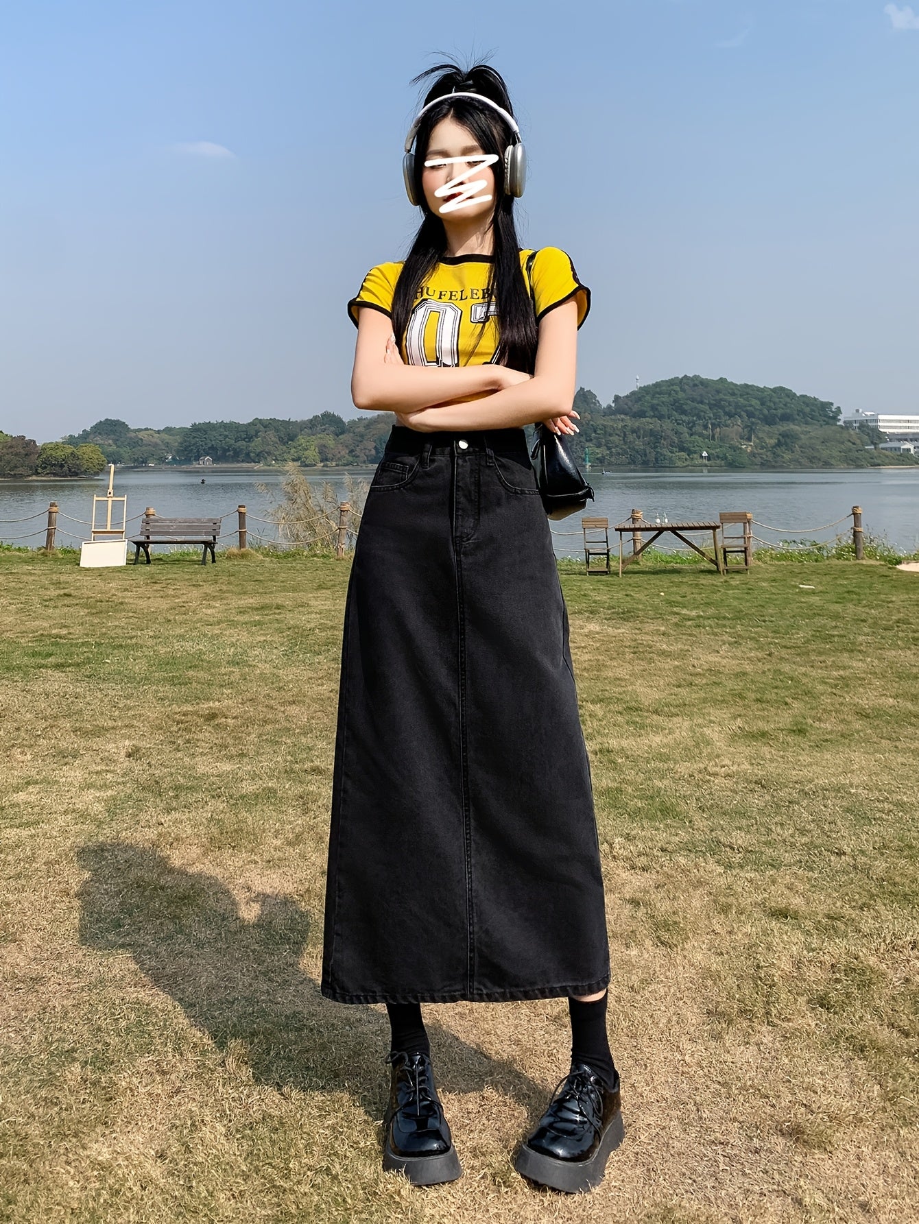 Women's Denim Midi Skirt with Side Slit and Pockets, Mid-Rise, Solid Color