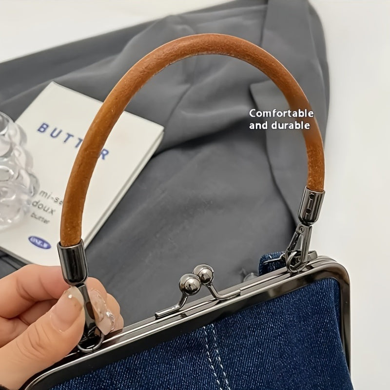Handcrafted Denim Crossbody Bag for Women with Clasp Closure and Wooden Handle