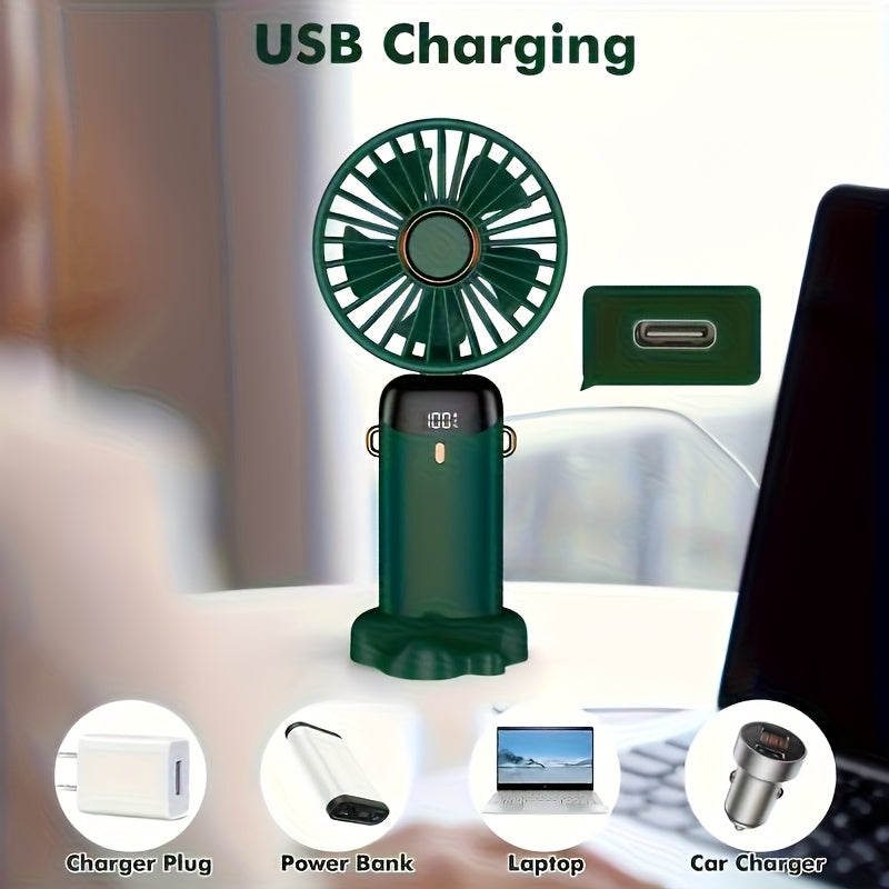 Portable Mini Fan with LED Display USB Rechargeable 5-Speed Quiet Foldable Outdoor Cooler Aromatherapy Power Bank