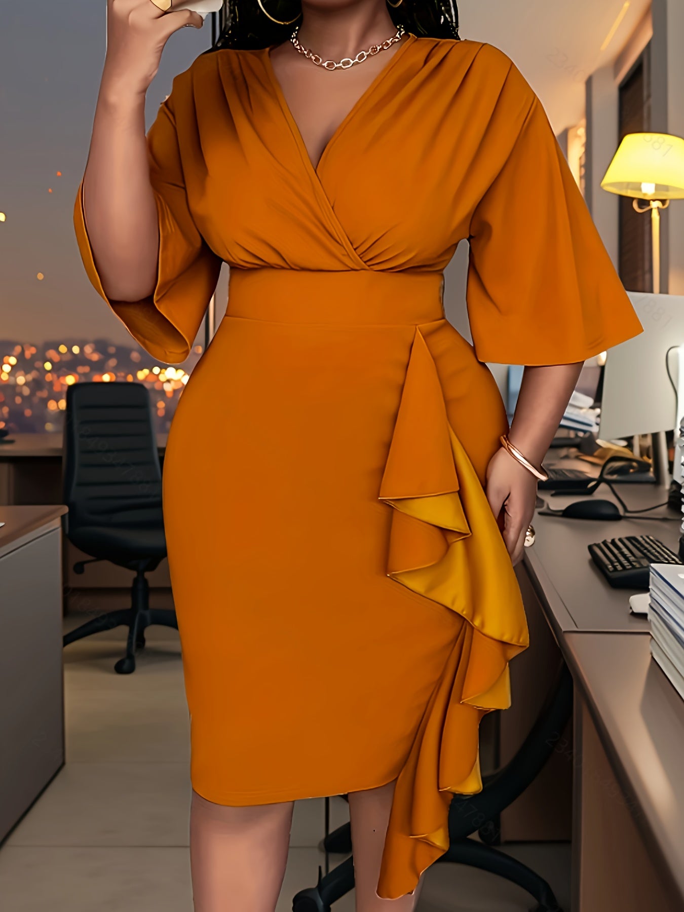 Women's Plus Size Fitted Dress with Ruffled Hem and Waist Cinching