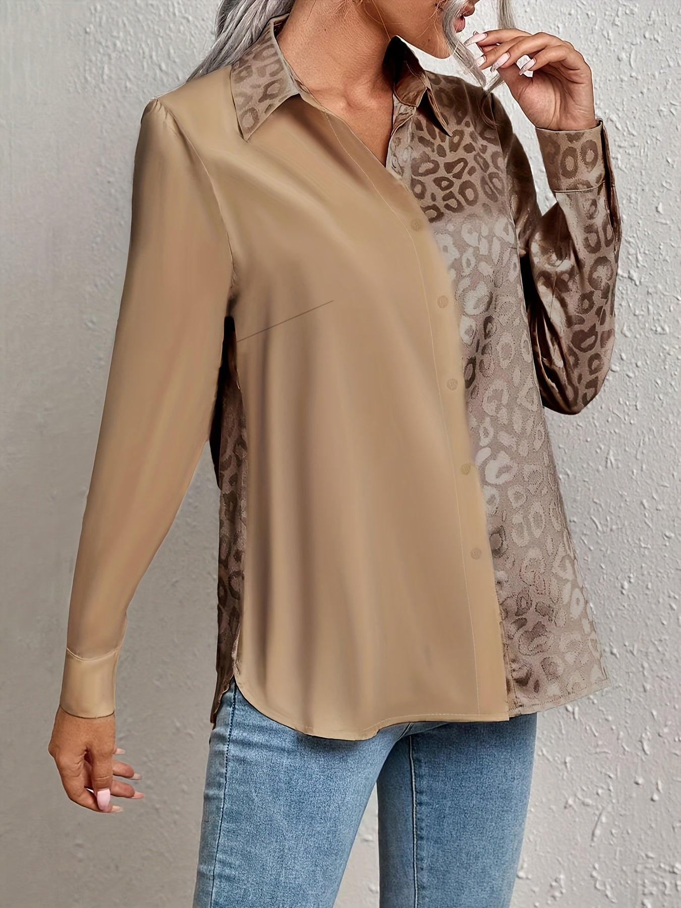 Women's Satin Leopard Print Button-Up Shirt Long Sleeve Casual Wear