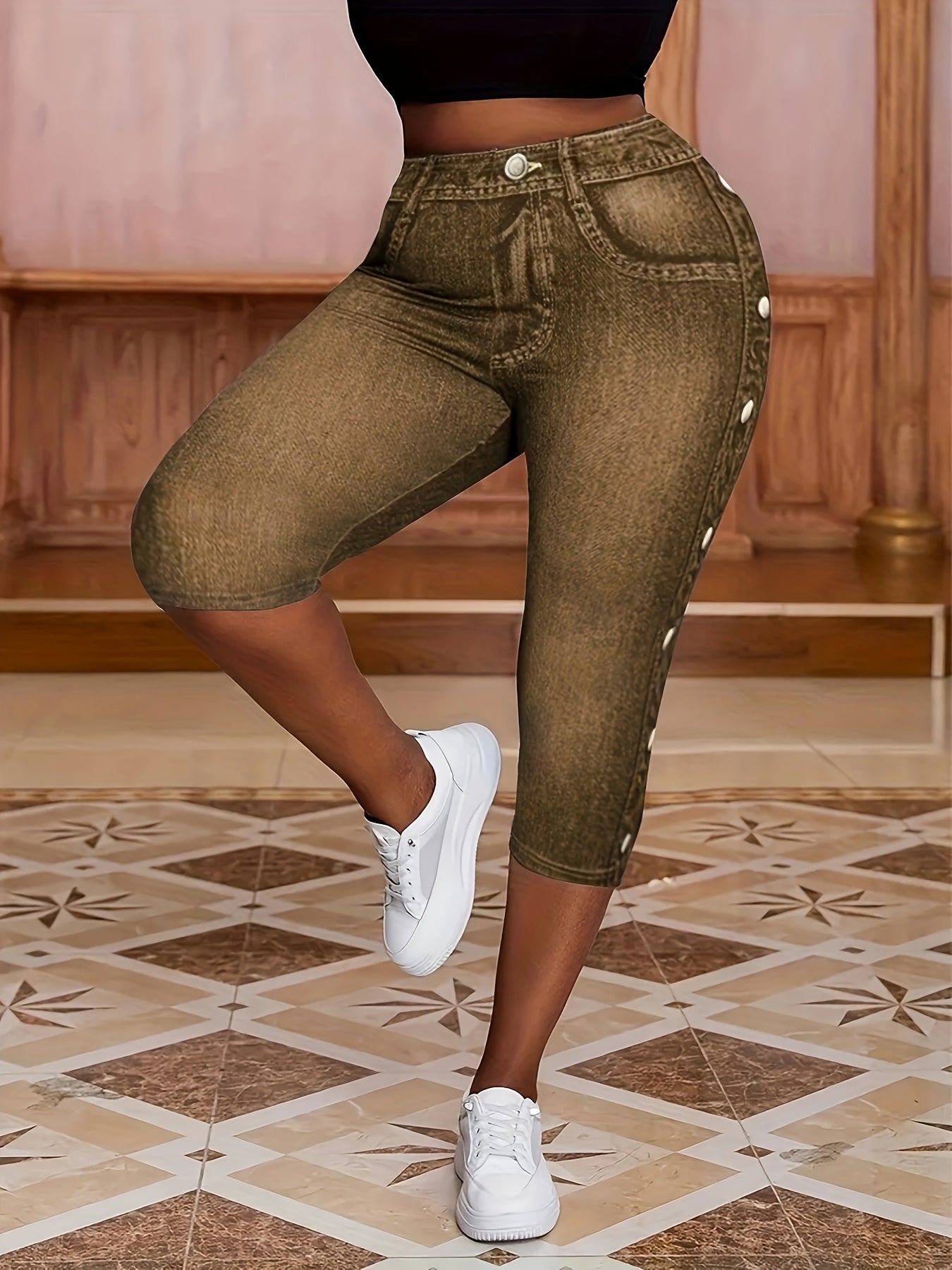 Plus Size Women’s Faux Denim High-Waisted Stretch Skinny Capris