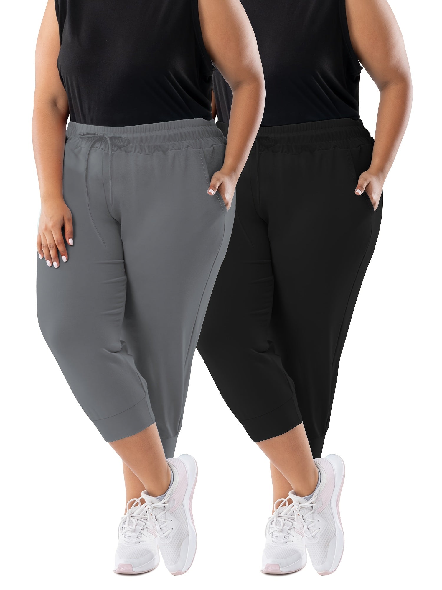Plus Size Women's Stretchy Capri Joggers Black, Drawstring Waist, Pockets