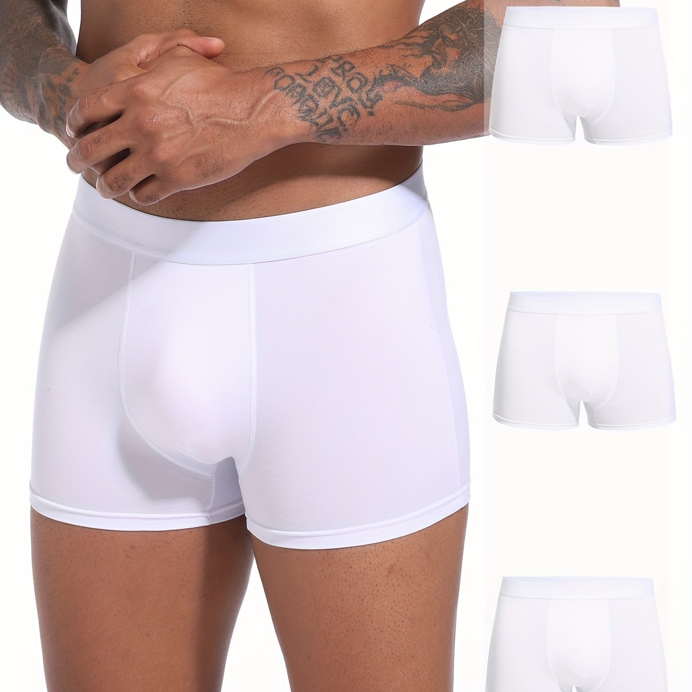Men's White Boxer Briefs Set 3 Breathable Polyester Blend Elastic Waist Non-See-Through Comfortable Casual