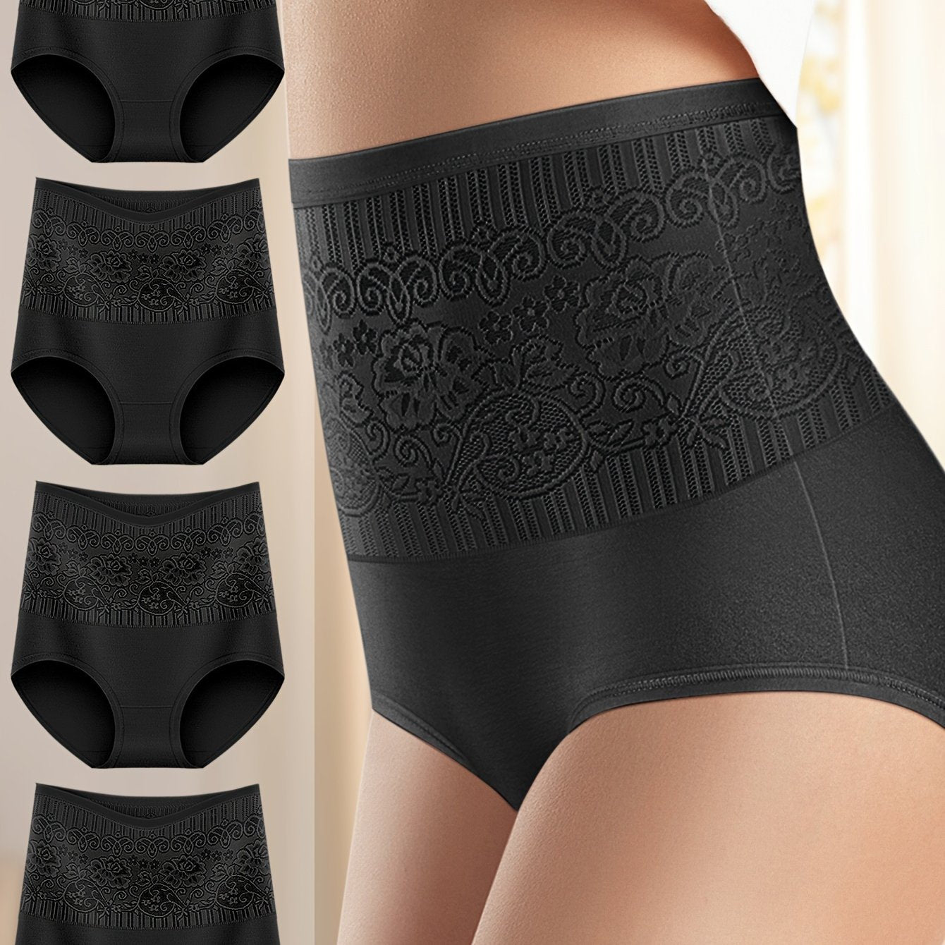 Women's High Waist Tummy Control Briefs 4 Pack Knit Fabric Elastane Random Print