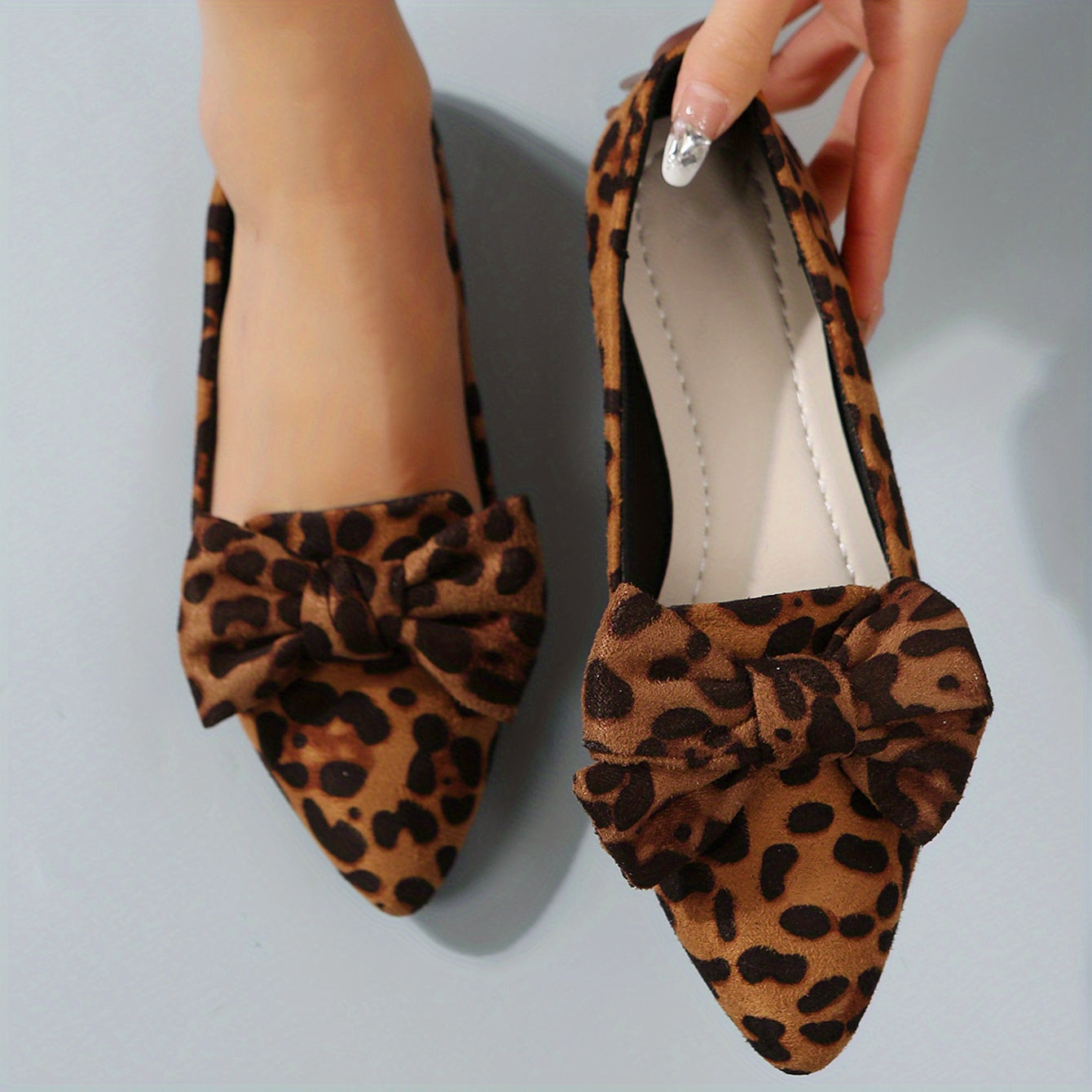 Women's Leopard Print Flat Shoes with Bowknot Decor Pointed Toe Lightweight Slip-On